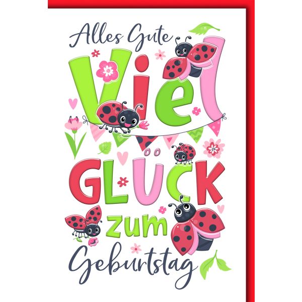 Geburtstag Glückwunschkarte mit Briefumschlag Viel Glück, Marienkäfer