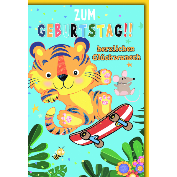 Geburtstag Glückwunschkarte mit Briefumschlag Tiger auf Skateboard
