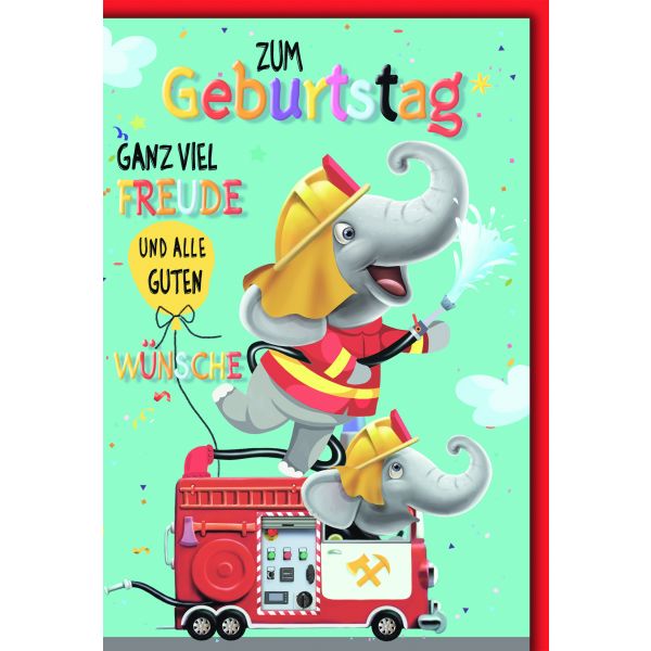 Geburtstag Glückwunschkarte mit Briefumschlag Feuerwehr Elefant
