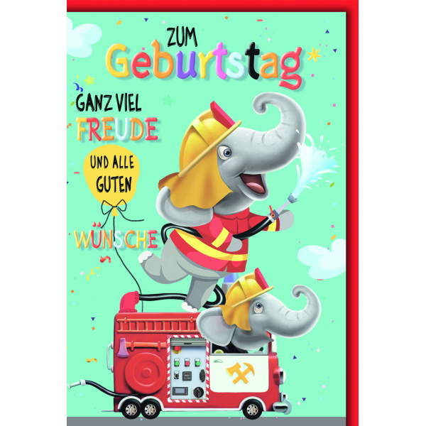 Geburtstag Glückwunschkarte mit Briefumschlag Feuerwehr Elefant
