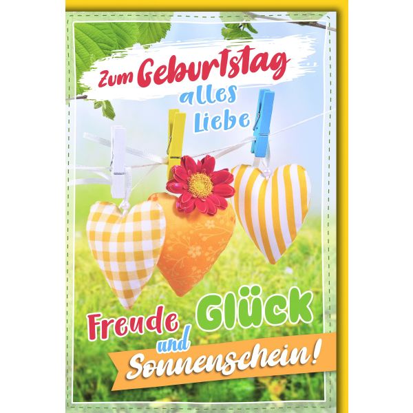 Geburtstag Glückwunschkarte mit Briefumschlag Herzen an Wäscheleine