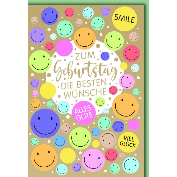 Geburtstag Glückwunschkarte mit Briefumschlag Bunte Smileys auf Gold