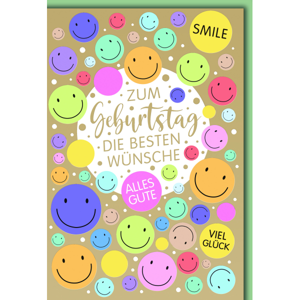 Geburtstag Glückwunschkarte mit Briefumschlag Bunte Smileys auf Gold