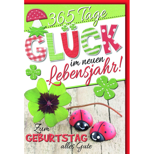 Geburtstag Glückwunschkarte mit Briefumschlag Kleeblatt, Marienkäfer