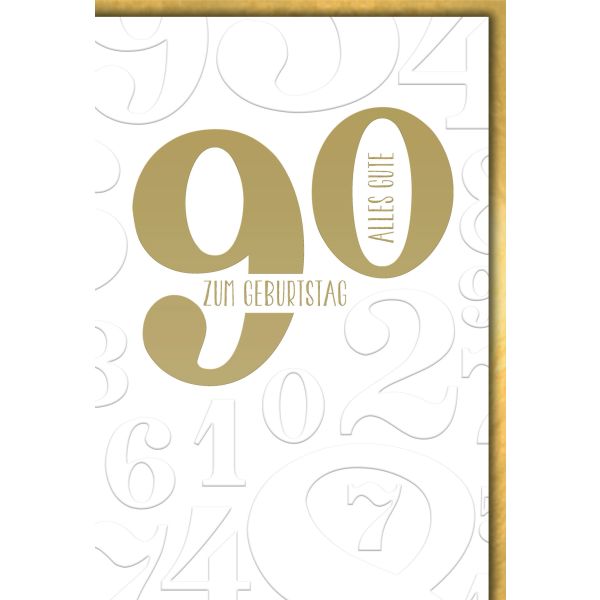 90. Geburtstag Glückwunschkarte mit Briefumschlag Große Zahl in gold