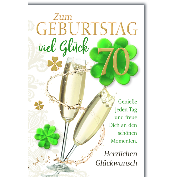 70. Geburtstag Glückwunschkarte mit Briefumschlag Sekt und Kleeblatt