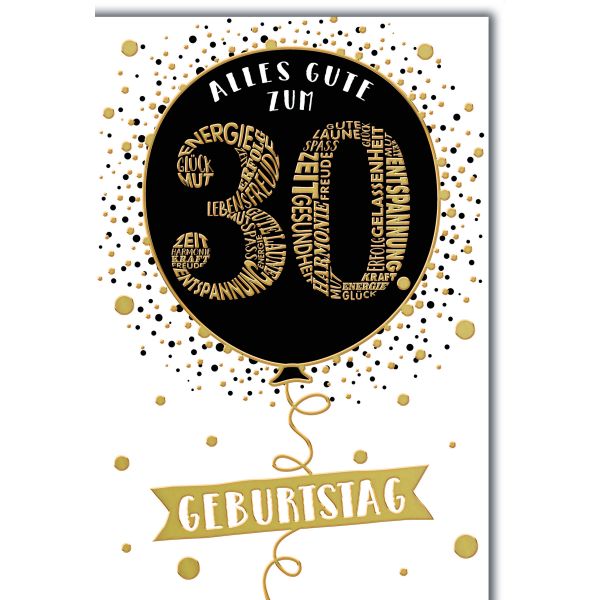 30. Geburtstag Glückwunschkarte mit Briefumschlag Luftballon in schwarz gold