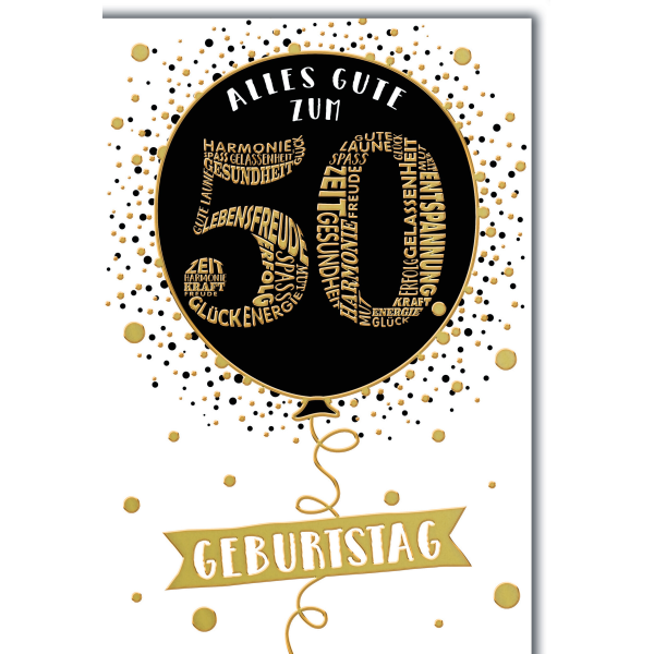 50. Geburtstag Glückwunschkarte mit Briefumschlag Luftballon in schwarz gold