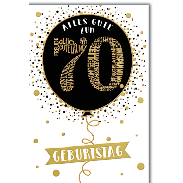 70. Geburtstag Glückwunschkarte mit Briefumschlag Luftballon in schwarz gold