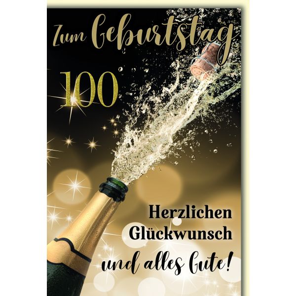 100. Geburtstag Glückwunschkarte mit Briefumschlag Spritzender Sekt