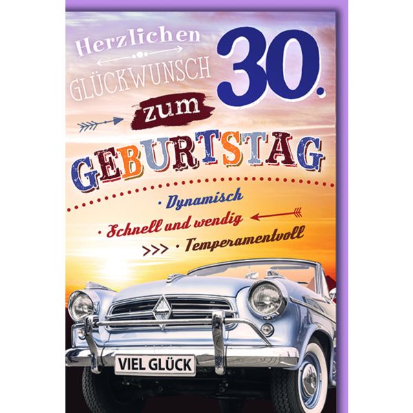 30. Geburtstag Glückwunschkarte mit Briefumschlag Oldtimer, Dynamisch