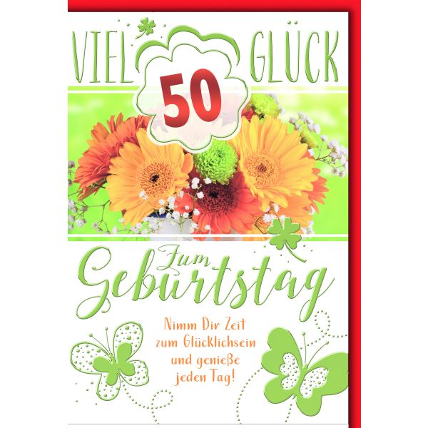 50. Geburtstag Glückwunschkarte mit Briefumschlag Bunter Blumenstrauß