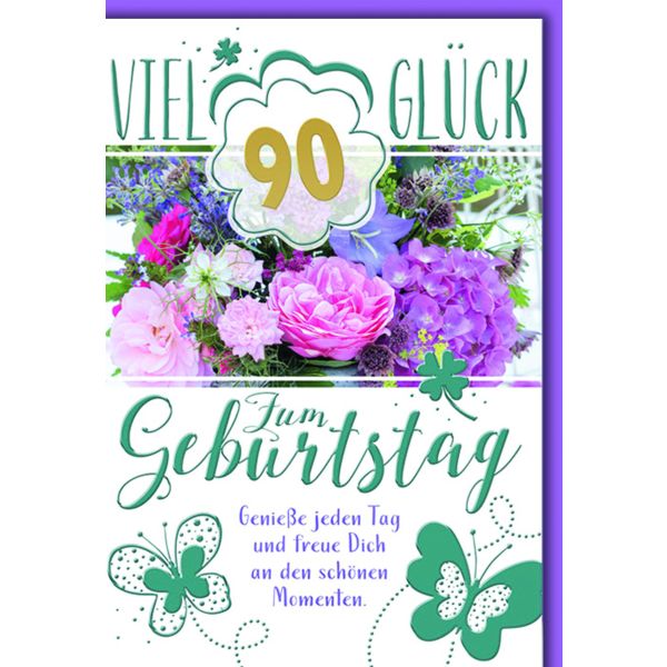 90. Geburtstag Glückwunschkarte mit Briefumschlag Bunter Blumenstrauß