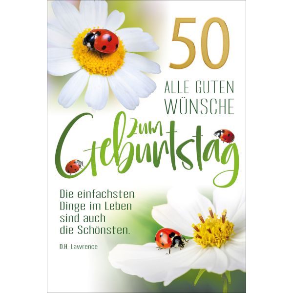 50. Geburtstag Glückwunschkarte mit Briefumschlag Marienkäfer und Margerite