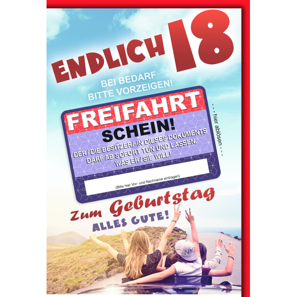 18. Geburtstag Glückwunschkarte mit Briefumschlag Freifahrt Schein