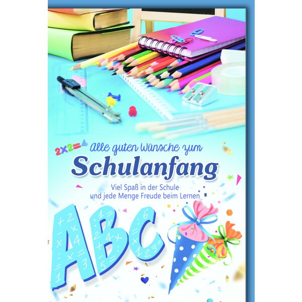 A Schulanfang Glückwunschkarte mit Briefumschlag ABC, Blau