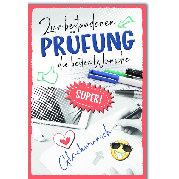 Prüfung Glückwunschkarte mit Briefumschlag Stift und Zettel