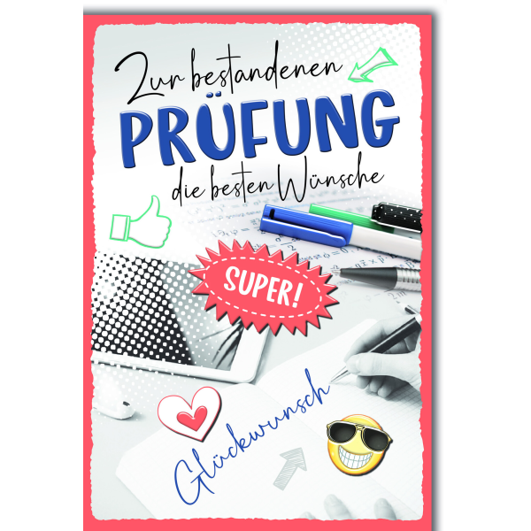 Prüfung Glückwunschkarte mit Briefumschlag Stift und Zettel