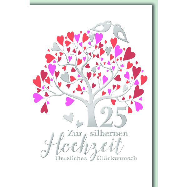 Silberhochzeit Glückwunschkarte mit Briefumschlag Baum mit Herzen