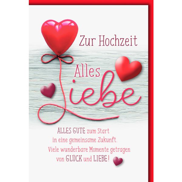 Hochzeit Glückwunschkarte mit Briefumschlag Spruch und rote Herzen