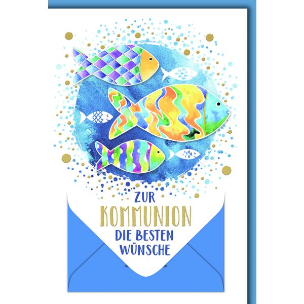 Kommunion Geldkarte Glückwunschkarte mit Briefumschlag Fische in bunt