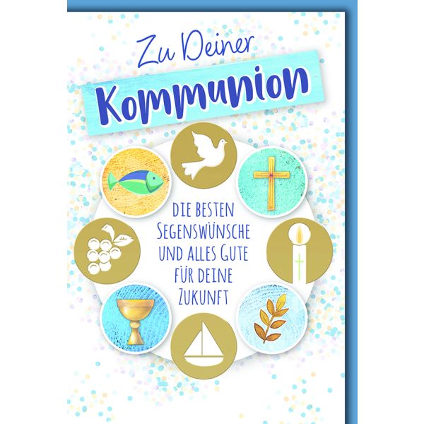 A Kommunion Glückwunschkarte mit Briefumschlag Kreis mit Symbolen