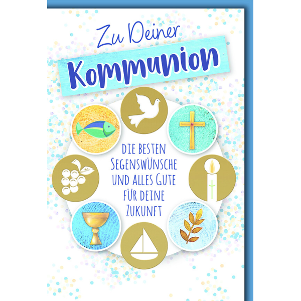 A Kommunion Glückwunschkarte mit Briefumschlag Kreis mit Symbolen