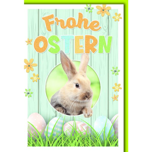 Ostern Grußkarte mit Briefumschlag Hase und Eier in Grüntönen