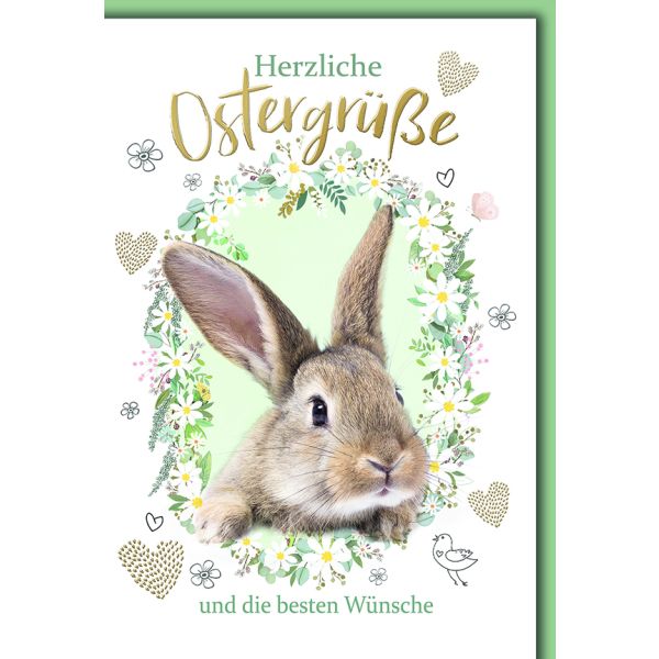 Ostern Grußkarte mit Briefumschlag Hase in grünen Ranken