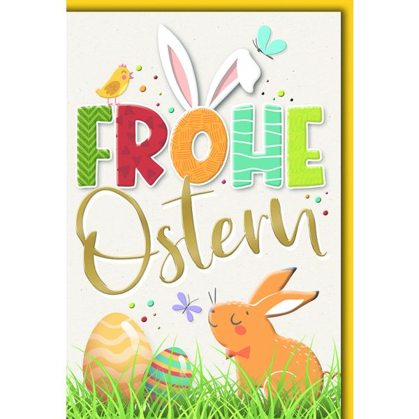 Ostern Grußkarte mit Briefumschlag Eier und Hase im Gras