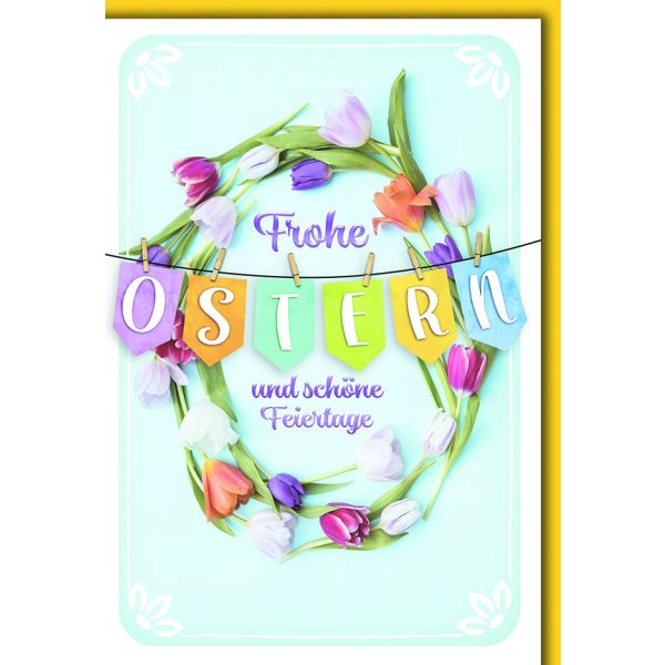 Ostern Grußkarte mit Briefumschlag Bunte Wimpelkette und Tulpen