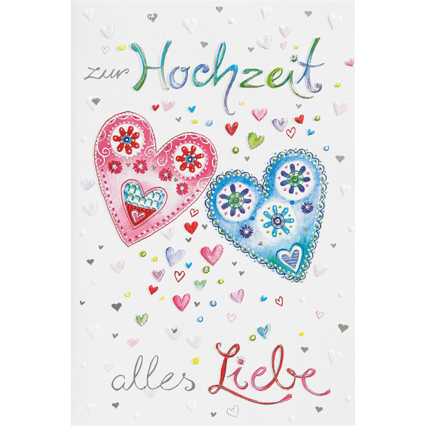 Hochzeit - 4 Styles – Glückwunschkarte im Format 11,5 x 17 cm mit Umschlag – Zur Hochzeit alles Liebe – Herzen – BSB