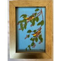 Kachelbild in goldenem Rahmen Vögel Zweige Beeren...