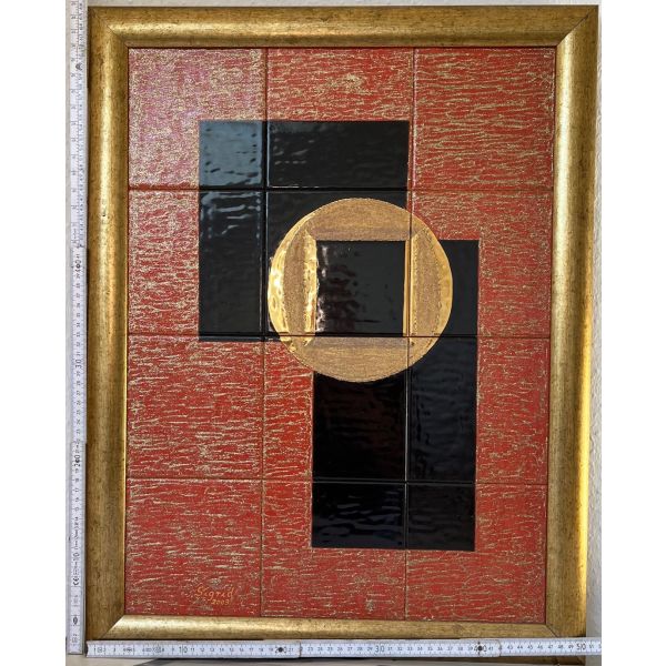 Kachelbild in goldenem Rahmen mit Blattgold graphisch schwarze Rechtecke Goldbach