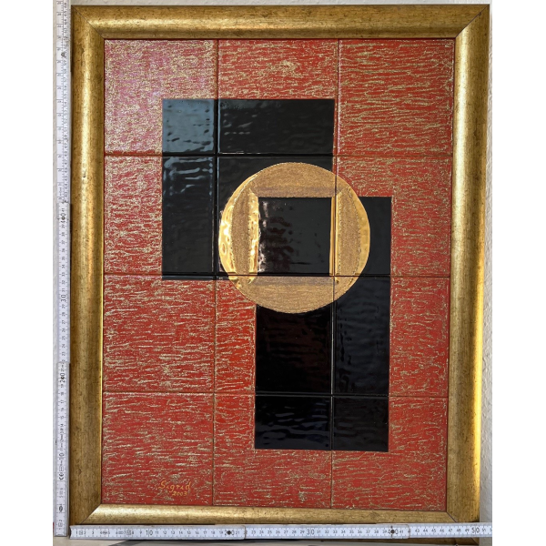 Kachelbild in goldenem Rahmen mit Blattgold graphisch schwarze Rechtecke Goldbach