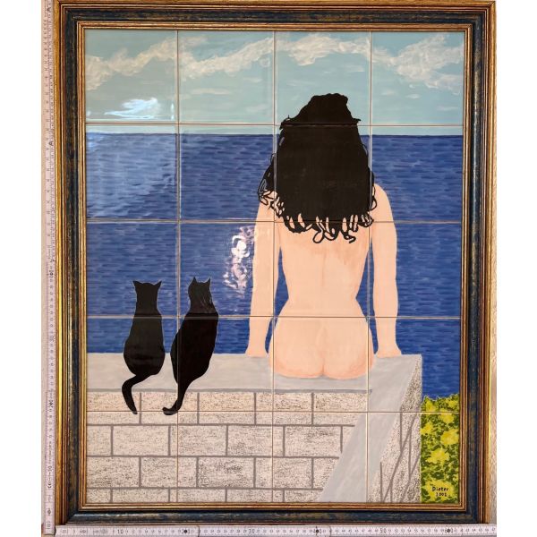 Kachelbild Nackte Frau mit Katzen am Meer in hochwertigem Rahmen Goldbach Dieter