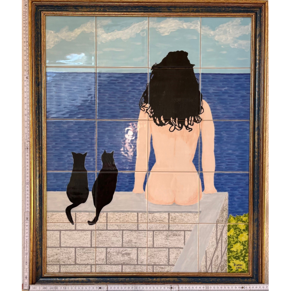 Kachelbild Nackte Frau mit Katzen am Meer in hochwertigem Rahmen Goldbach Dieter