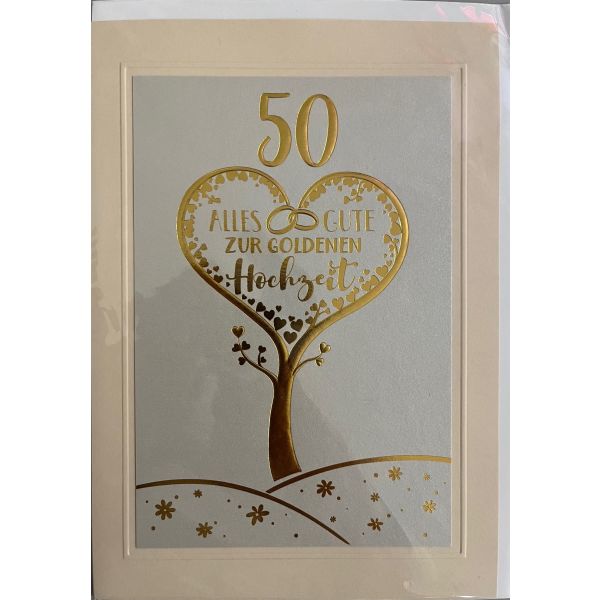 Goldene Hochzeit 50. Hochzeitstag große A5-Karte mit Umschlag Herzbaum Goldfolie
