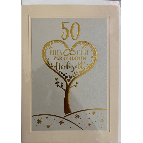 Goldene Hochzeit 50. Hochzeitstag große A5-Karte mit Umschlag Herzbaum Goldfolie