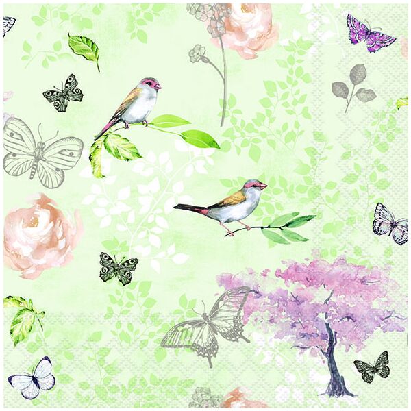 Servietten Lunch 33x33cm 3-Lagig 20 Servietten Vögel Schmetterlinge Napkin 33 Birds and butterflies green