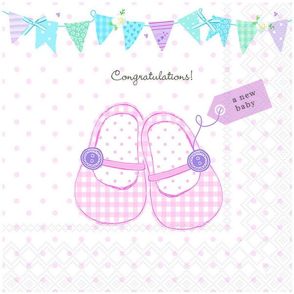 Servietten Lunch 33x33cm 3-Lagig 20 Servietten Baby Mädchen Schuhe Napkin 33 Baby shoes pink
