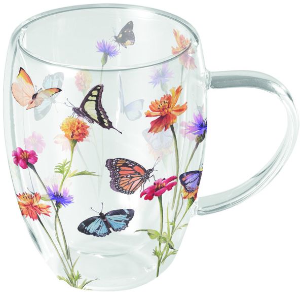 A Doppelwandiger Glasbecher Ø 8,5 h 11 cm Schmetterlingsgarten Double-walled glass 0.35 L Butterfly garden white
