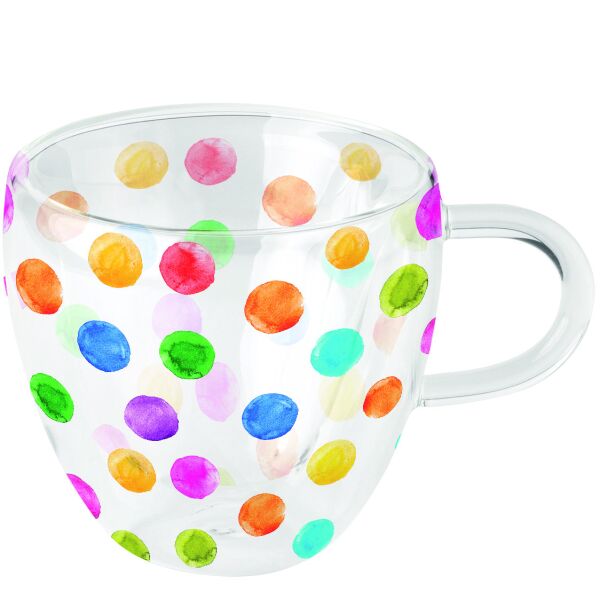 A Doppelwandiger Glasbecher Ø 10 h 9,5 cm bunte Punkte Double-walled glass 0.2 L Polka dots white