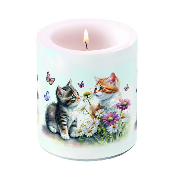 Kerze Ø 10cm Höhe 10 cm Kleine Katzen Candle medium Kittens in flower field