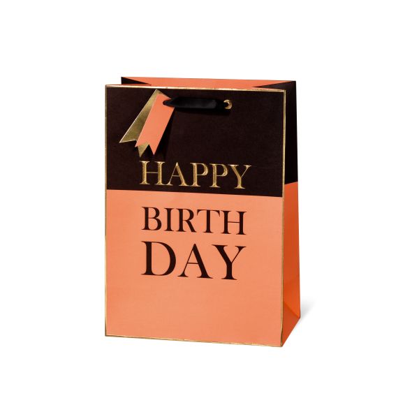 Geschenktüte Tasche groß A4-Format Black & Orange  Happy Birthday Kraftpapier mit Goldprägung