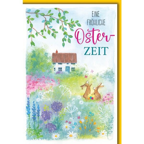 Ostern Osterhasen gezeichnet vor Haus Glückwunschkarte mit Umschlag fröhliche Osterzeit