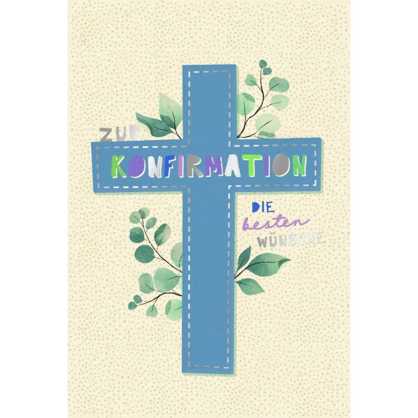 Konfirmation Glückwunschkarte mit Umschlag Green Line unverpackt Kreuz, Blätterranken, Zuckerrohrpapier, mit Silberfolie