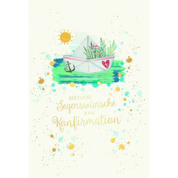 Konfirmation Glückwunschkarte mit Umschlag Skorpion´s Art Papierboot, Sonne, Naturkarton, mit Goldfolie und Blindprägung