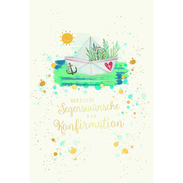 Konfirmation Glückwunschkarte mit Umschlag Skorpion´s Art Papierboot, Sonne, Naturkarton, mit Goldfolie und Blindprägung