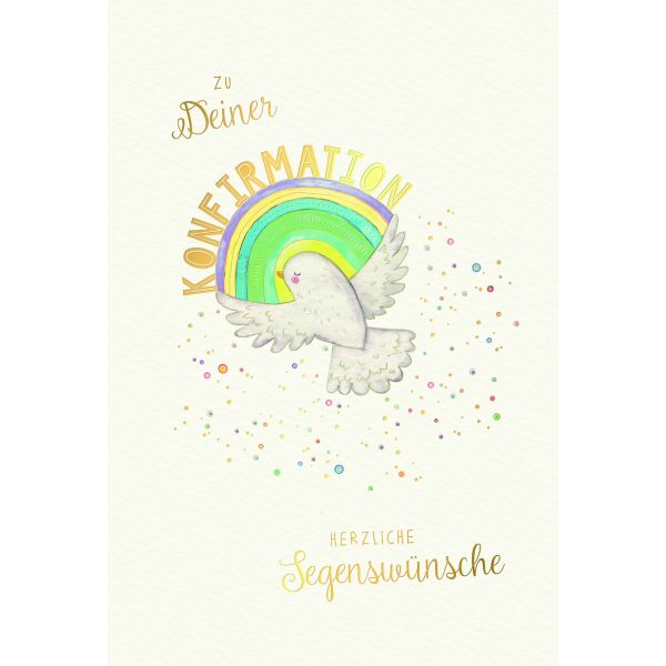 Konfirmation Glückwunschkarte mit Umschlag Skorpion´s Art Taube, Regenbogen, Naturkarton, mit Goldfolie und Blindprägung